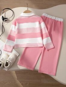 SHEIN 女童休閒 Polo 領兩件套，白色對比翻領粉色印花長袖上衣 + 粉色高腰 - 粉色 - 查看 2