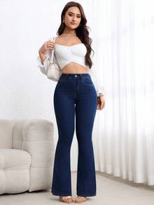 Flexra Plus Size Women's Casual Comfortable Deep Blue Mid-Stretch Denim Jeans - Dark Wash - View 4