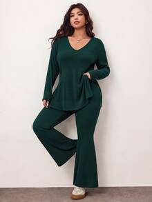 Enliva Plus Size Chocolate Brown Autumn Loungewear Casual Soft Form Ribbed 2 Pieces Set Curve Friendly Homewear Compatible With Apple Rounded Women Clothing Sets - Dark Green - View 4