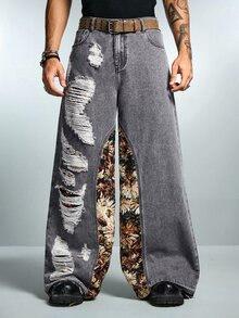 ROMWE MEN Herrarnas lösa avslappnade slitna jeans med blommönster och ficka - Multifärgad - Visa 3