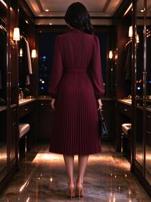 SHEIN Raffinéa Women's Elegant Daily Mid-Length Wine Red Dress, Versatile Fashionable Stand Collar With V-Neckline Pleated Skirt,Fall Winter Office Commuter - Burgundy - View 2