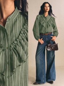 Poéselle 女款條紋長袖單排扣拼接荷葉邊時尚襯衫 秋冬休閒上衣 通勤上班外出穿搭襯衫 - 綠色 - 查看 2