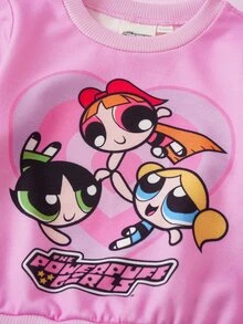 THE POWERPUFF GIRLS X SHEIN Baby Girl Cartoon Print Sweatshirt And Jogger Pants Set - Pink - View 5