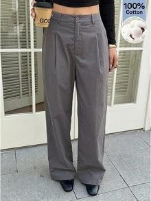 SHEIN EZwear بنطال عمل نسائي بسيط بأزرار وكسرات للتنقل والمكتب - رمادي - مشاهدة 6