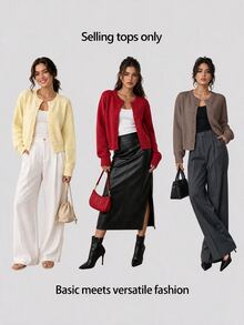 SHEIN BASICS 女款復古休閒純色單排扣長袖針織開襟衫 辦公日常校園商務 橄欖綠 秋季 - 駝色 - 查看 8
