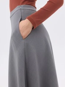 KÆRIA Hus Rok Midi A-Line Berpanel - Potongan Rapi - Warna Abu-abu Cross Dye - Pakaian Kerja, Rok Lebar, Gaya Preppy - Grey - View 7