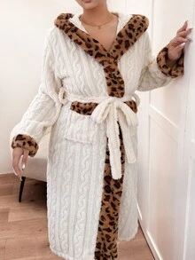 Napfluff CURVE Napfluff CURVE Plus Size Women's Winter Coral Fleece Hooded Leopard Print Patchwork Robe Loungewear - Apricot - View 4