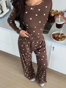 ZzzCrew Bộ đồ ngủ nữ dệt kim gân in hình trái tim, đồ mặc nhà thường ngày - Cà phê nâu - Xem 6