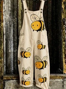 SHEIN 大尺碼簡約休閒百搭蜜蜂印花吊帶褲連身褲 - 杏色 - 查看 6