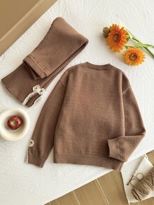 SHEIN طقم كنزة من قطعتين للفتيات المراهقات، كنزة صوفية محبوكة بياقة دائرية وأكمام طويلة بنقشة فيونكة دانتيل أنيقة وجميلة، مع بنطال بقصة مستقيمة وحافة مشقوقة متعدد الاستخدامات، للخريف/الشتاء - بني - مشاهدة 2