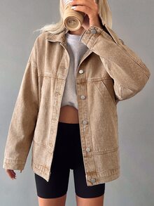 ZIRRA Women's Fashion Pocket Button Long Sleeve Denim Jacket - Khaki - View 4