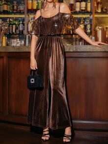 SHEIN Clasi Women's Patchwork Sequin Mesh Cold Shoulder Elegant Wide Leg Jumpsuit - Coffee Brown - View 1