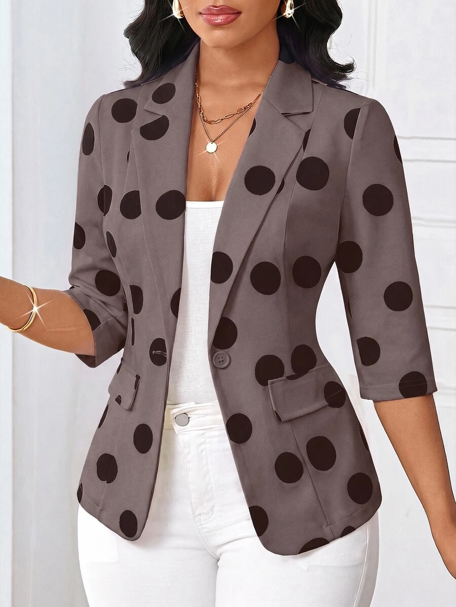 SHEIN Lady Women's Elegant Smart Casual Commute Office Polka Dot Print Blazer - Mocha Brown - View 1