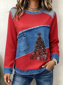 Holdful Holdful Women Christmas Crew Neck Printing Vintage Spring/Fall Long Sleeve TOPS - Multicolor - View 3
