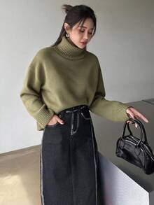 DAZY 女款秋冬百搭休閒純色高領毛衣 - 軍綠色 - 查看 6