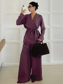 Livesso Women's Solid Color Waist Knot Long Sleeve Jacket And Pants Elegant French 2 Pieces Set Office Brunch Dark Purple Fall - Purple - View 5
