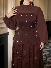 Reflora فستان أنيق للنساء بمقاسات كبيرة مع ياقة واقفة وأكمام طويلة وحافة مزينة بالترتر بتصميم مرقع - بني - مشاهدة 5