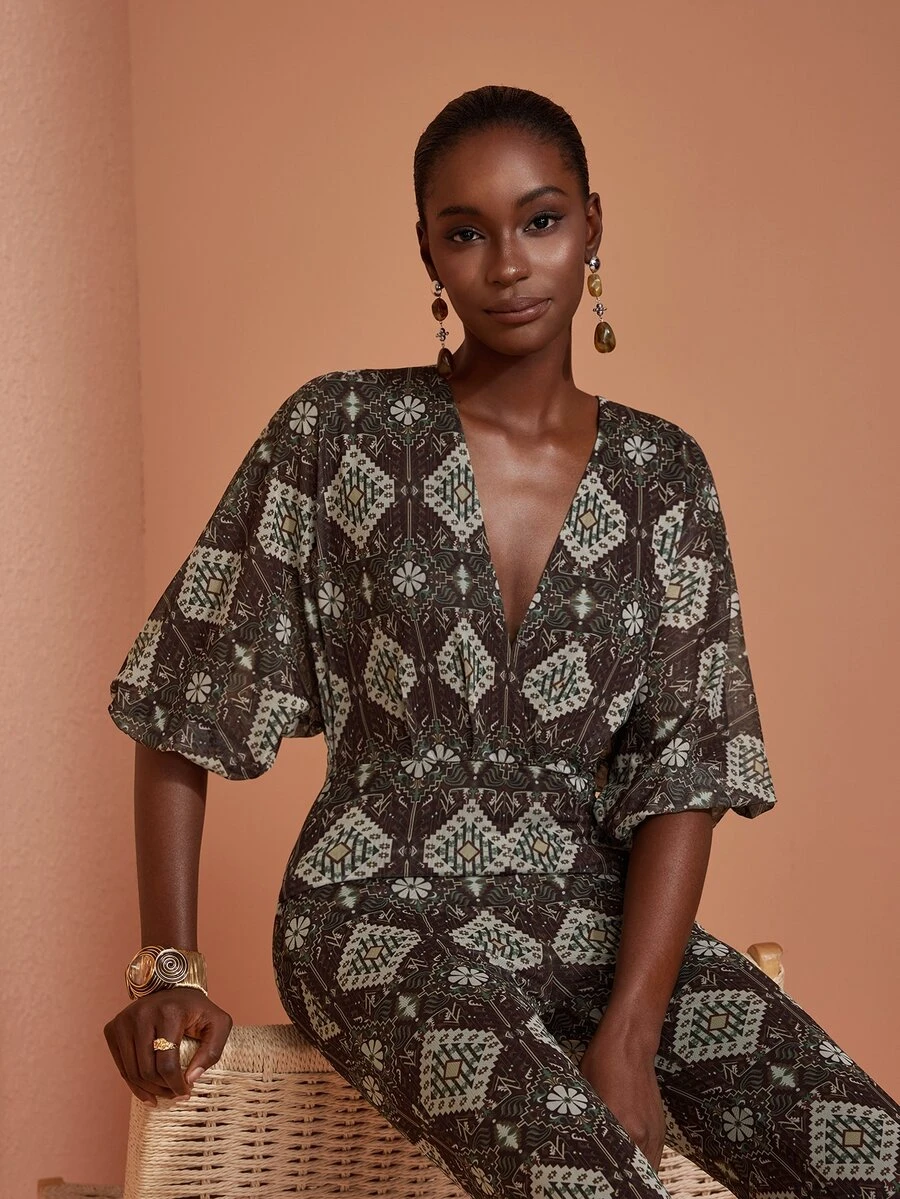 JIAN LASALA Mesh V Neck Overlapped Bishop Sleeve Long Jumpsuit Casual Vacation Holiday - Multicolor - View 1