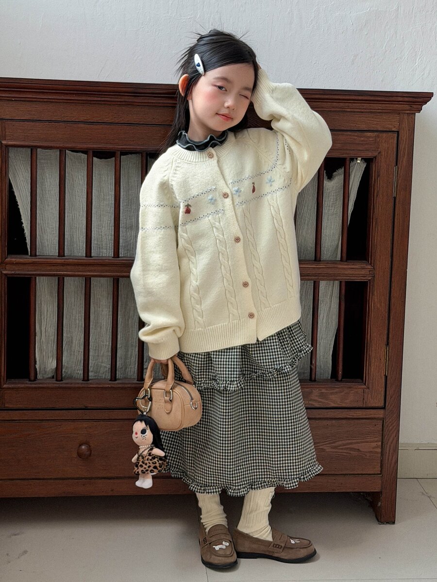 Dazy Kids 少女花卉刺繡圖案休閒日常穿著開襟衫 - 米色 - 查看 1