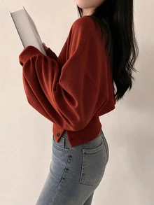 INAWLY Sweatshirt Kasual Wanita Warna Polos, Kerah Bulat, Bahu Longgar, Lengan Panjang, dan Pinggang Terikat - Burgundy - View 2