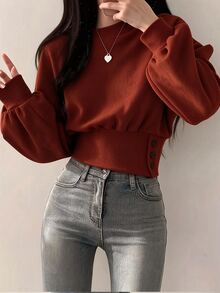 INAWLY Sweatshirt Kasual Wanita Warna Polos, Kerah Bulat, Bahu Longgar, Lengan Panjang, dan Pinggang Terikat - Burgundy - View 4
