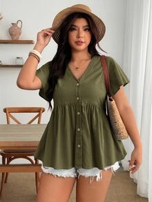 Enliva 大尺碼女款荷葉袖上衣，V領上衣，夏季服飾，適合曲線身材、蘋果型與圓形身型的度假穿著，淺藍色休閒款 - 軍綠色 - 查看 7