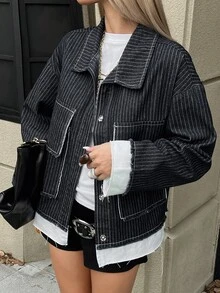 Livesso Women's Striped Casual Versatile Daily Denim Jacket Fall - Black - View 5