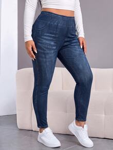 SHEIN CURVE+ 大尺碼休閒口袋鈕扣做舊設計修身長褲 日常穿著 2026 秋冬 22W - 藏蓝色 - 查看 3