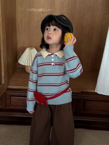 DAZY Sweater Lengan Panjang Gaya Korea Bergaris Kasual Warna Kontras untuk Bayi/Balita (Perempuan) - Baby Blue - View 6