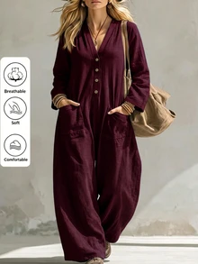 Linhara CURVE 2026 New V-Neck Plus Size Women's Jumpsuit With Pockets Fall - Burgundy - View 1