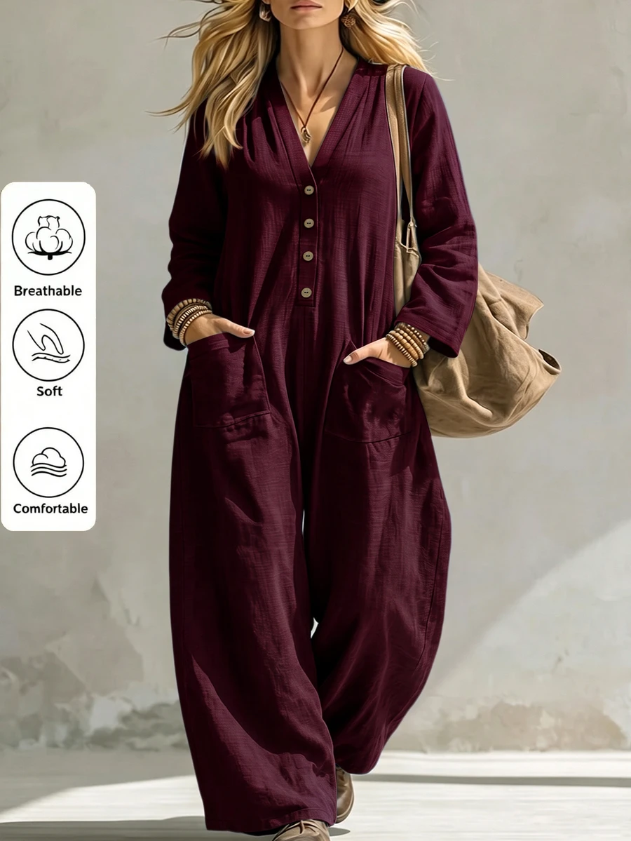 Linhara CURVE 2026 New V-Neck Plus Size Women's Jumpsuit With Pockets Fall - Burgundy - View 1