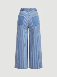 Selenza Plus Size Designer Button Striped Colorblock Loose Fit Denim Jeans - Blue - View 7