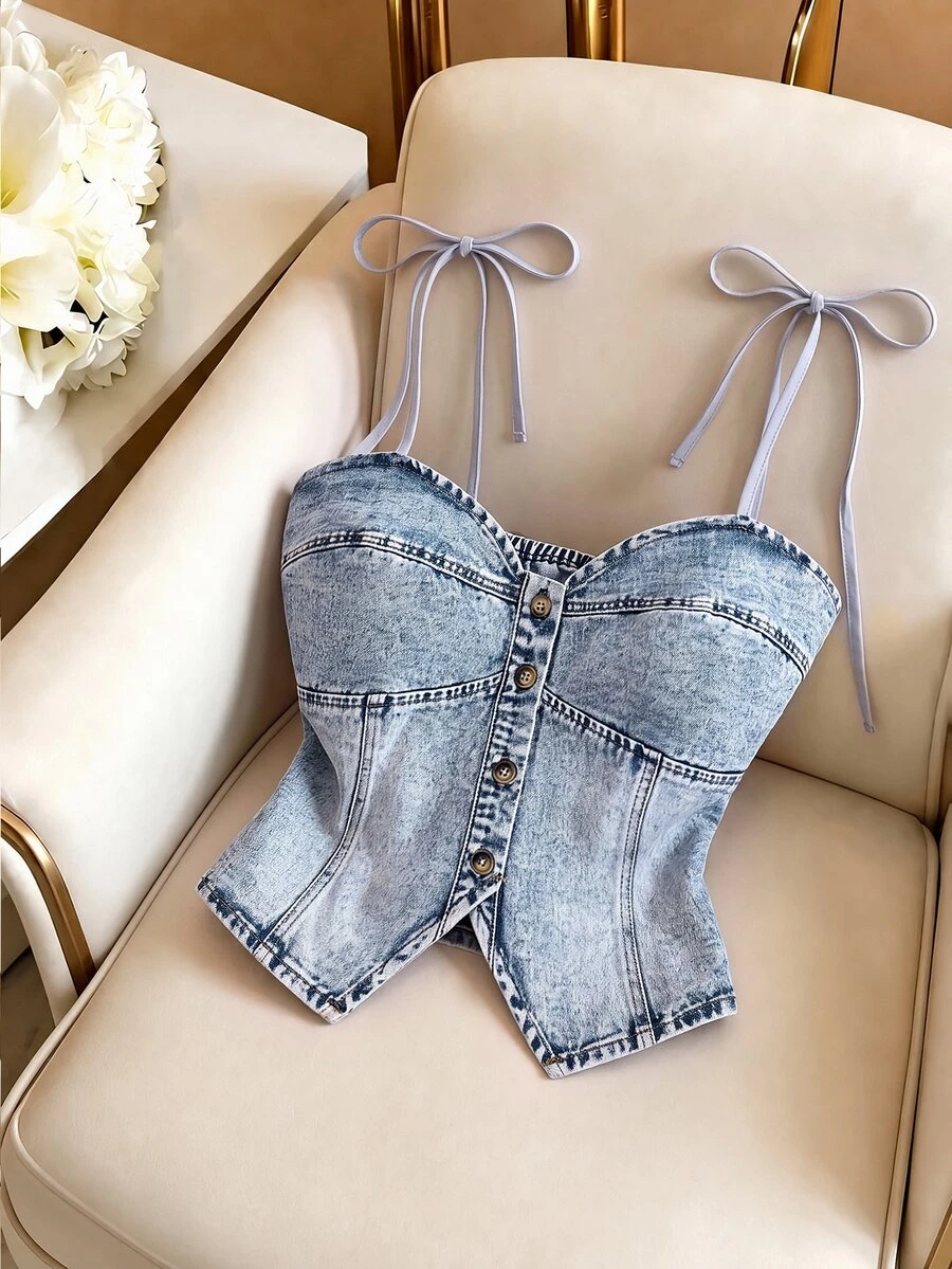 GlowEve Plus Size Women's Fashion Button Denim Top - Light Wash - View 1