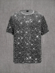 Mainfolk Men's Casual Fashion Sequin Short Sleeve T-Shirt For Bar And Music Festival - Grey - View 2