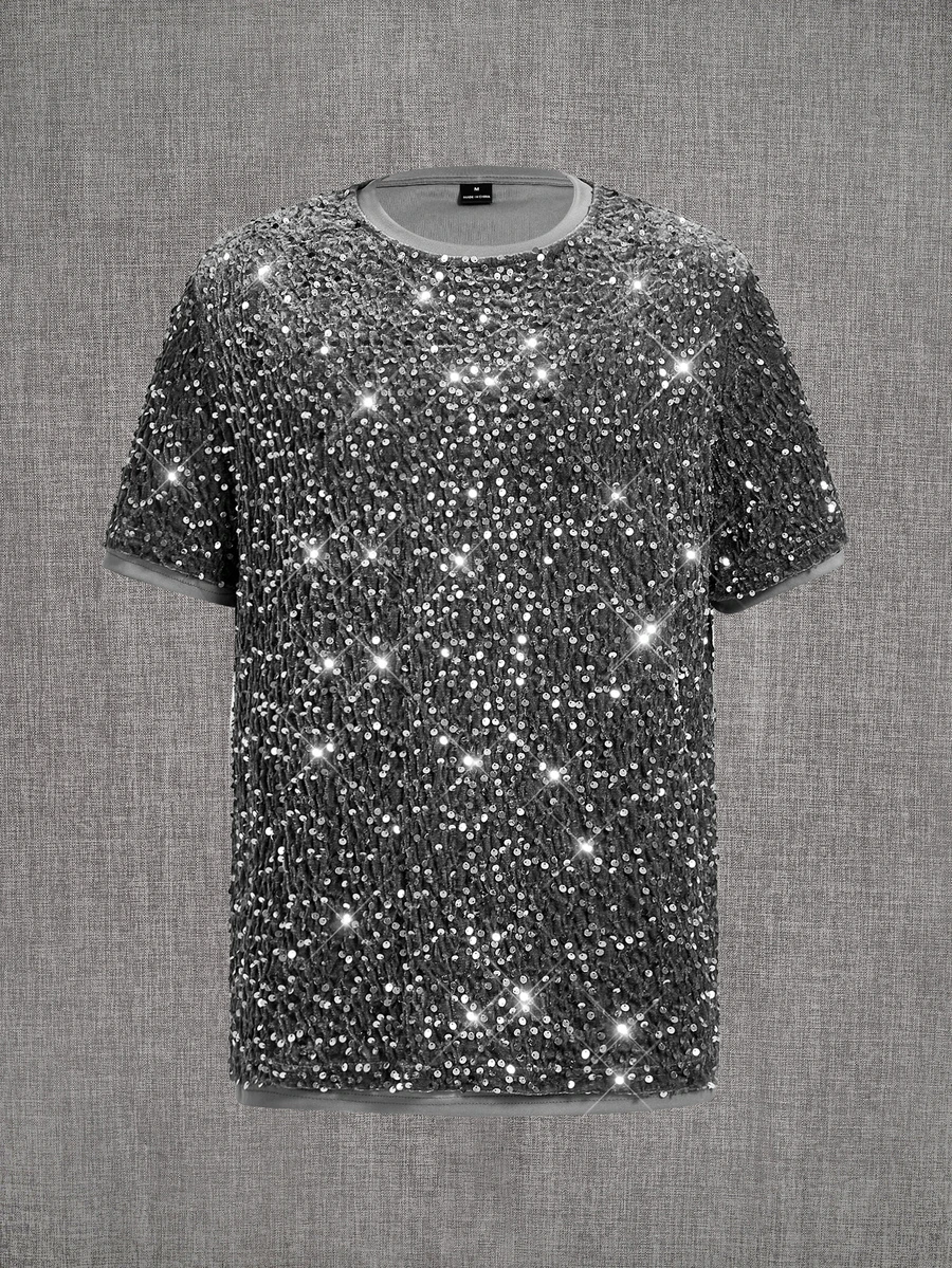 Mainfolk Men's Casual Fashion Sequin Short Sleeve T-Shirt For Bar And Music Festival - Grey - View 1