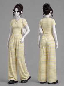 Girlism Tween女孩棕色系復古條紋針織圓領短袖T恤與長褲套裝，夏季休閒家庭親子穿搭休閒服 - 黃色 - 查看 7