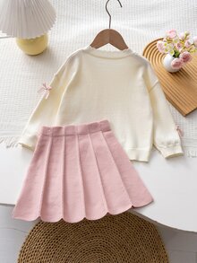 SHEIN 4-7歲女童蝴蝶結裝飾愛心鈕扣落肩開襟衫與裙子2件套，秋冬針織毛衣套裝，甜美菱格麻花針織毛衣套裝，適合女童春秋日常穿著 - 粉色 - 查看 2