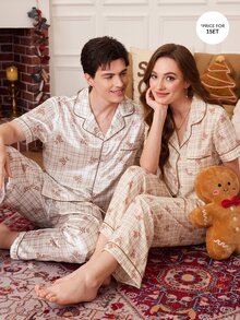 CoupledUp Light Brown Plaid Bear Print Men's Lapel Short Sleeve Long Pants Loose Loungewear Set - Brown - View 1
