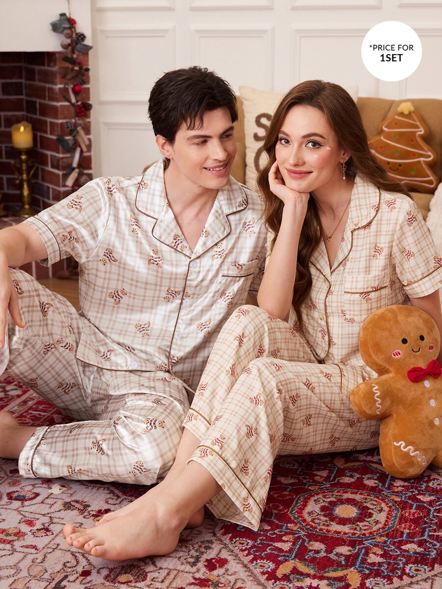 CoupledUp Light Brown Plaid Bear Print Men's Lapel Short Sleeve Long Pants Loose Loungewear Set - Brown - View 1