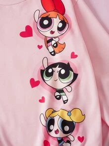 THE POWERPUFF GIRLS X SHEIN Tween Girl Cartoon Print Long Sleeve Sweatshirt And Leggings Set - Pink - View 5
