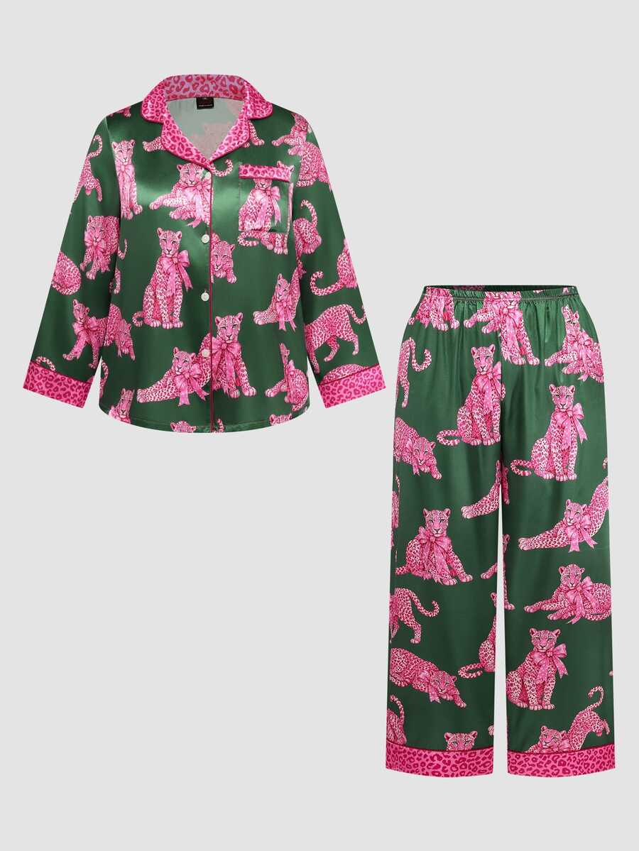 Chillnights طقم بيجامة ساتان بطبعة نمر للشباب مقاس كبير - متعدد الألوان - مشاهدة 1