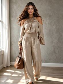 Linhara CURVE PLUS Women's Solid Color Ruched Off-Shoulder Casual Daily Wear Jumpsuit - Khaki - View 1