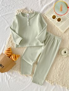 6 Sets Randomly Sent 1 Set Autumn/Winter Thickened Ribbed Boys Toddler Set Soft Comfortable Solid Color Fabric Casual Minimalist Faux Placket Long Sleeve Long Pants 2 Pieces Set Loungewear - Multicolor - View 7