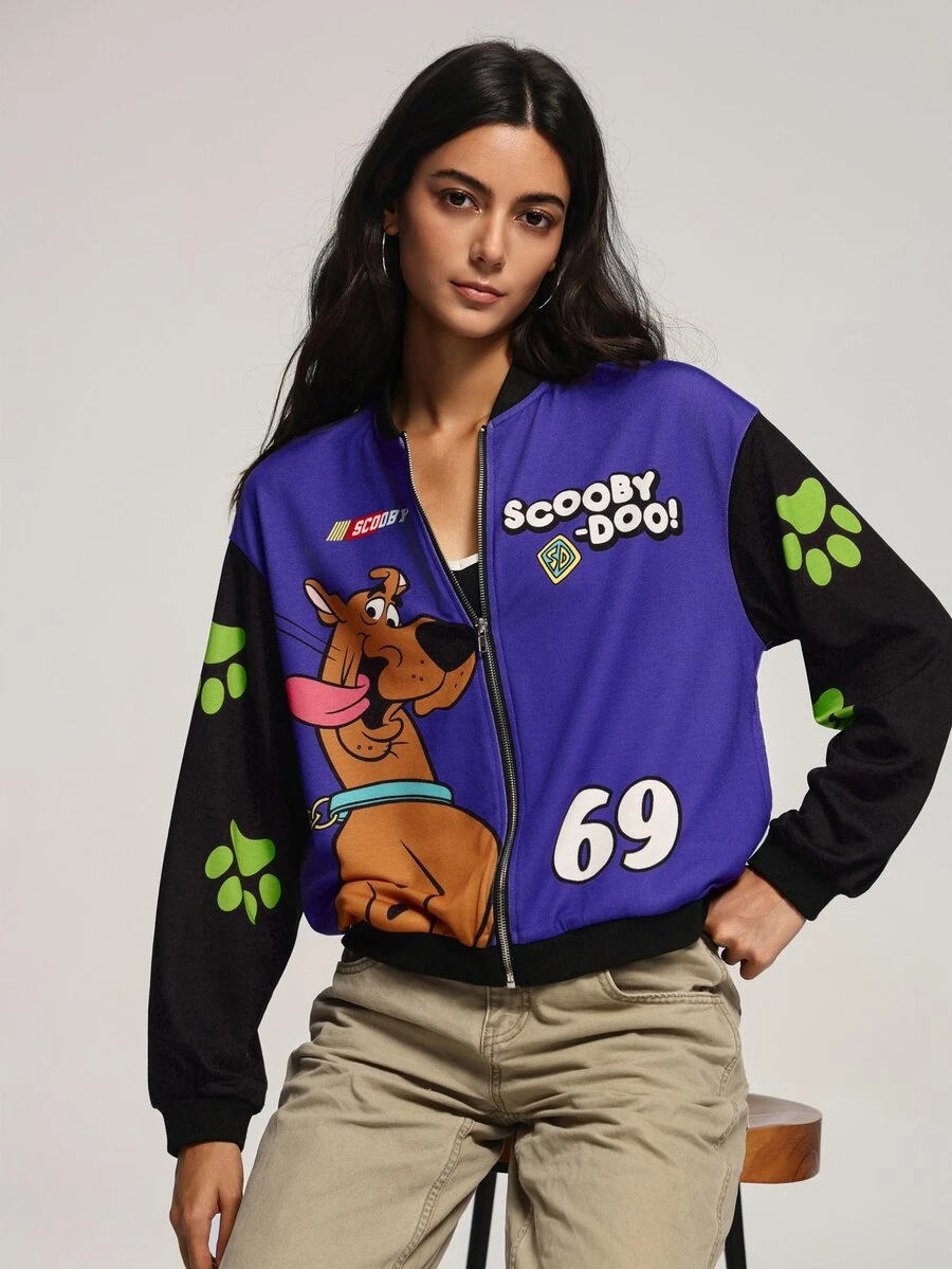 SCOOBY-DOO X SHEIN Women's Cartoon Print Zipper Long Sleeve Sweatshirt - Black - View 1
