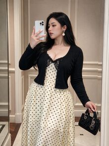 Vibekara Plus Size Elegant Vintage Chiffon Polka Dot Shirt And Long Skirt Set Fall - Apricot - View 2