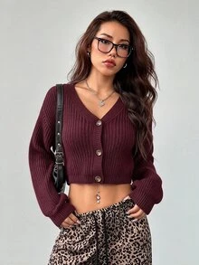 SHEIN PETITE White Lantern Sleeve Button Front Rib Knit Cardigan Open Shoulder Sweater In Autumn Petite Women Date Day Everyday Going Out Daily Wear Casual Sexy - Red Violet - View 8