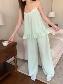 DAZY Women's Contrast Lace Ruffle Hem Camisole Top And Long Pants Pajama Set - Green - View 8
