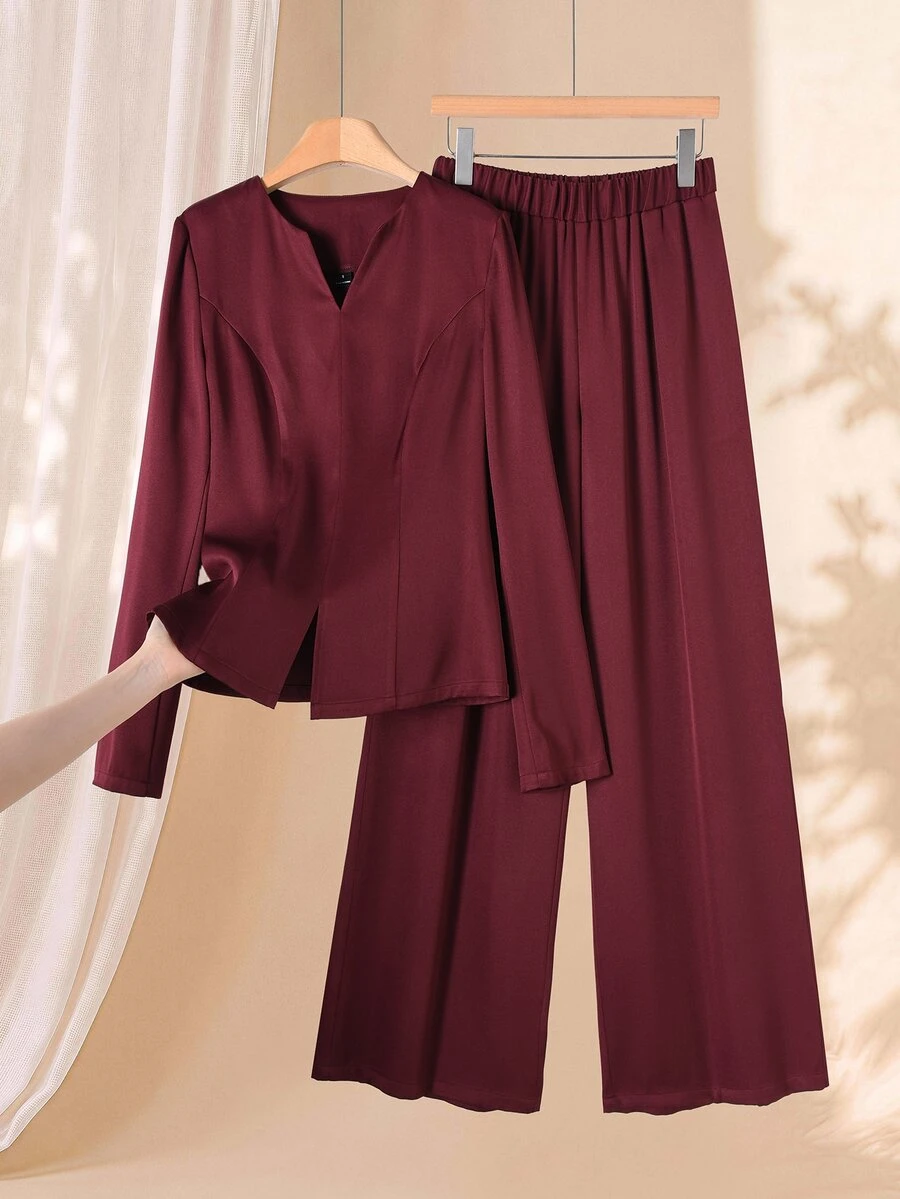 Rusticease Women's Solid Color Long Sleeve Top And Pants Casual Set For Middle-Aged And Elderly - Burgundy - View 1