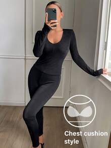 Livesso Women's Solid Color Long Sleeve Top And Pants Pajama Set - Black - View 4