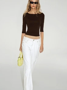 ATUI Studio Medium Stretch Cotton 3/4 Sleeve T-Shirt, Minimalism Modern Effortless Chic Elevating Basics, Daily Casual Essential Fall&Winter - Coffee Brown - View 2